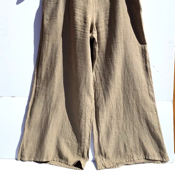VTG Women’s Elastic Smocked Waist 100% Linen Wide Leg Pants, Taupe, Large - Picture 3 of 9